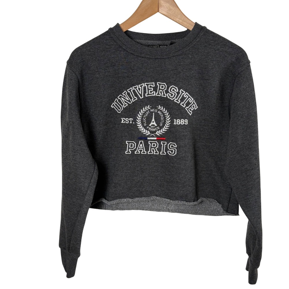 Universite Paris Cropped Sweatshirt Women's‎ S Raw Hem Gray Collegiate France